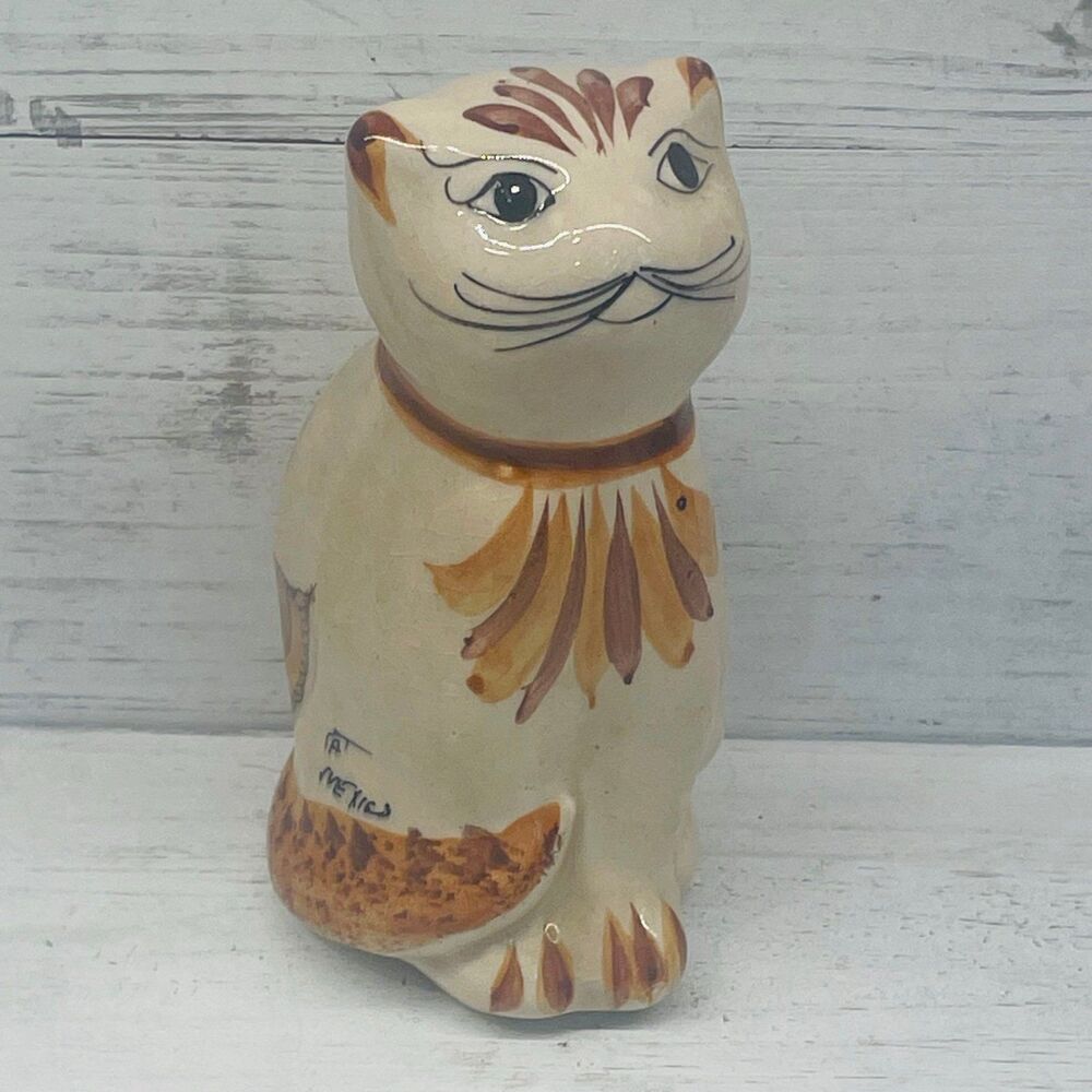 Vintage Tonala Mexico Pottery Cat Figurine - Hand Painted Folk Art Signed CAT